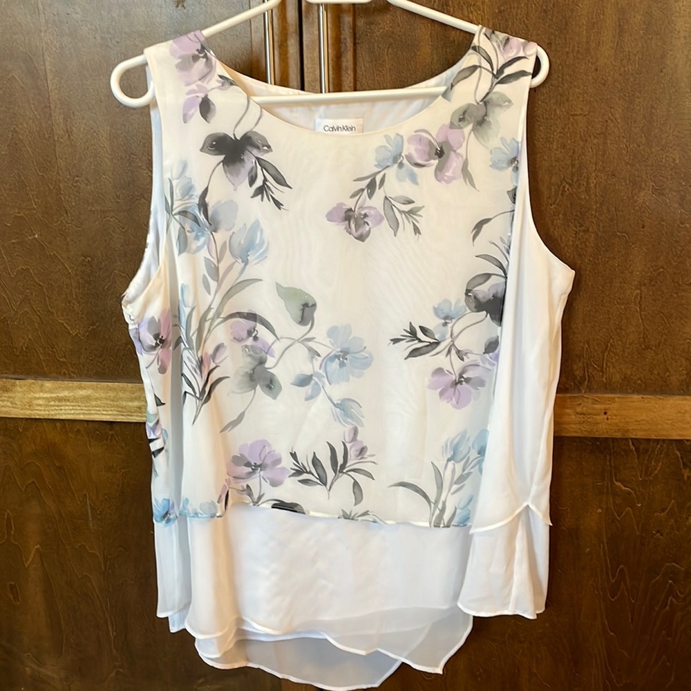 Calvin Klein White Floral Layered Sleeveless Top
